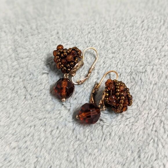 Vintage Liz Claiborne Brown Beaded Pierced Earrings - Picture 3 of 7